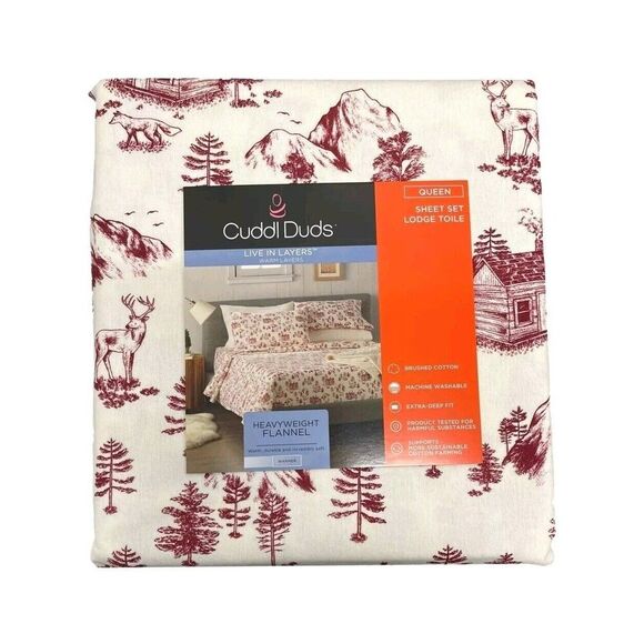 CUDDLDUDS 100% Cotton Heavyweight Queen Flannel Sheet Set White Red Lodge Toile - Picture 1 of 6